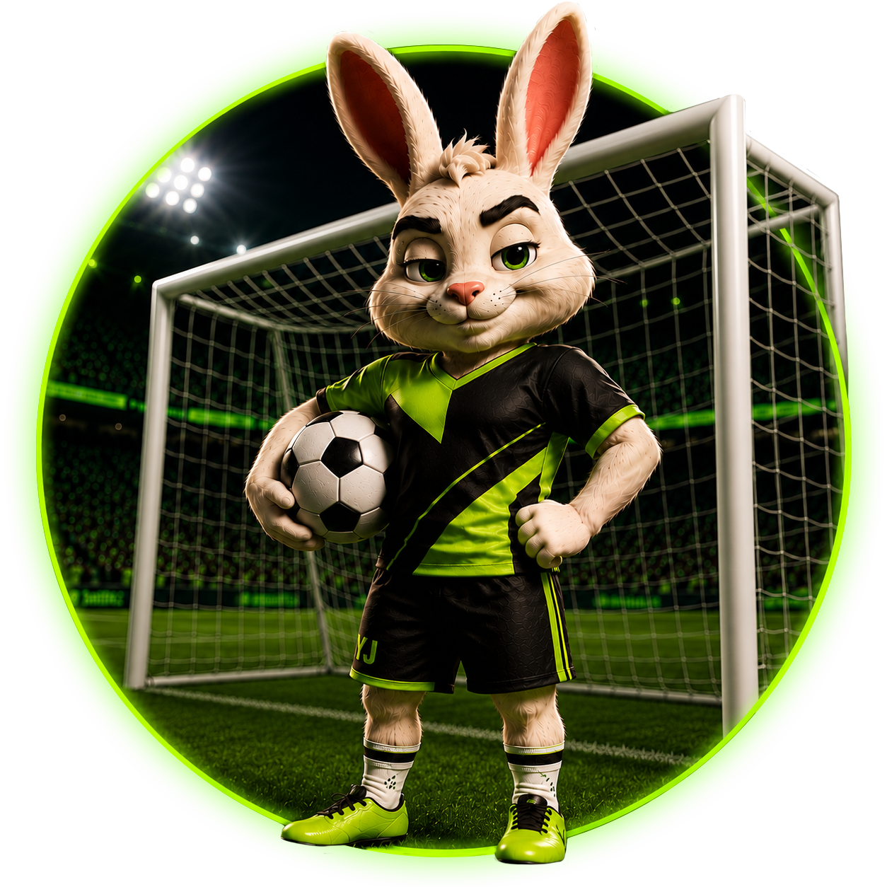 Mascota de YoJuego con su camiseta verde y una pelota de fútbol